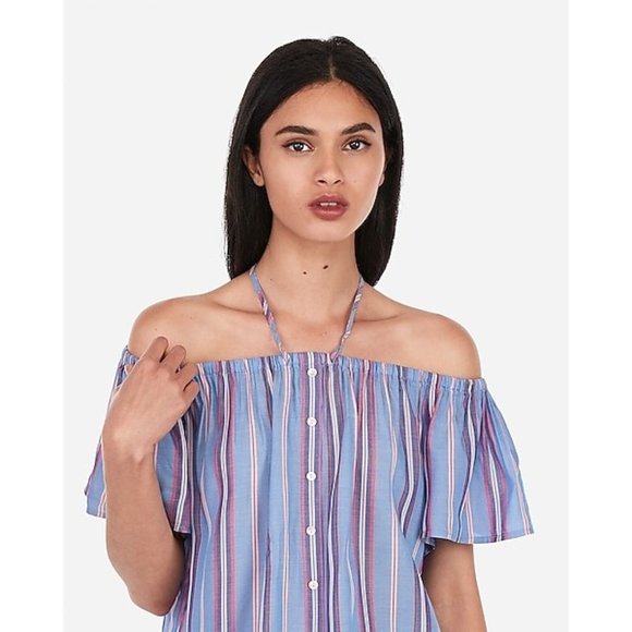 NWT Express Off The Shoulder Button Front Tie Top - Picture 2 of 3